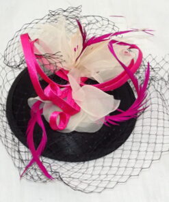 Black Fascinator White Flower, Pink Ribbon, Feathers, Alligator Clip