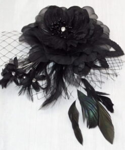 Black Fascinator Or Brooch with Beads Feathers And Flower