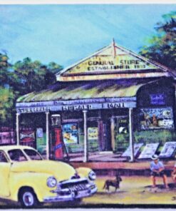 Holden Yellow FJ Ute At Corner Store Neoprene Coaster - Jenny Sanders