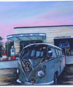 VW Kombi In Front Of Corner Store Neoprene Coaster - Jenny Sanders