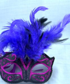 Masquerade Venetian Mask Black With Purpel Feathers Red Trim