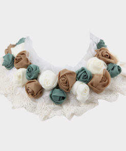 Fabric Necklace Collar With Brown, Green And Ivory Roses On Cream Lace
