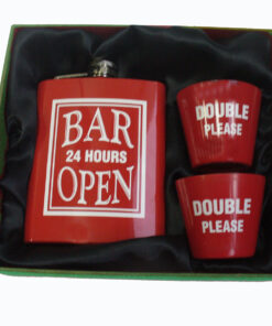 Bar 24 Hours Open Stainless Steel Red Hip Flask Set With 2 Big Shot Glasses
