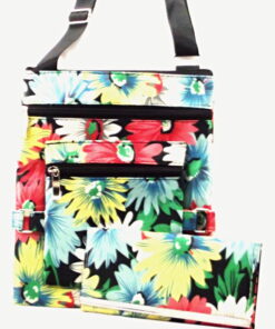 Floral Pattern On Black Background Crossbody Handbag And Wallet Set