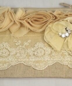Cream Velvet Zip Clutch Bag Or Makeup Bag With White Lace