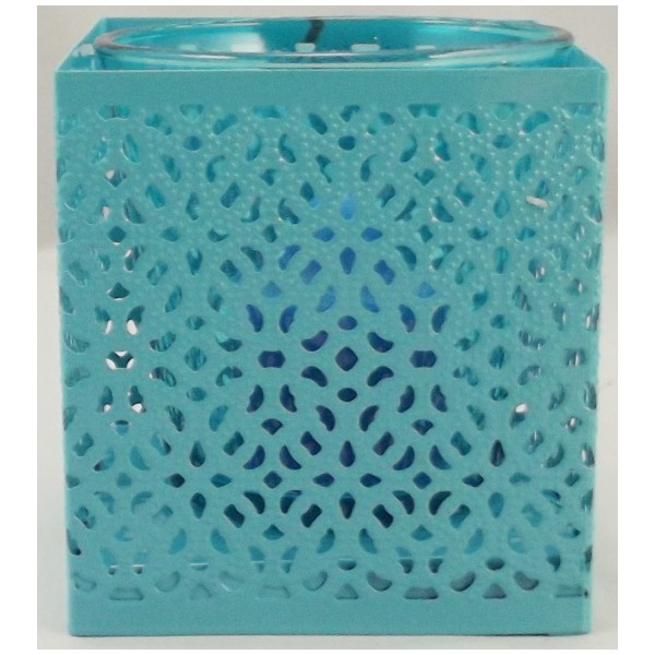 Filigree Metal Blue Square Candle Tealight Holder With Glass Insert Set of 3