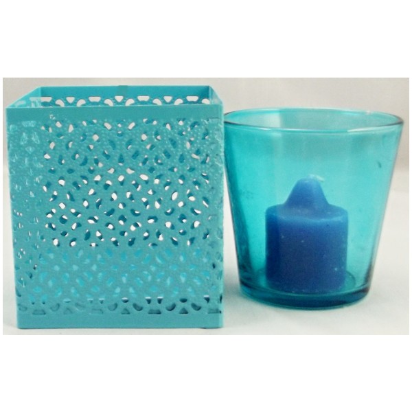 Filigree Metal Blue Square Candle Tealight Holder With Glass Insert Set of 3 - Image 2