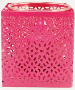 Filigree Metal Pink Square Candle Tealight Holder With Glass Insert Set of 2