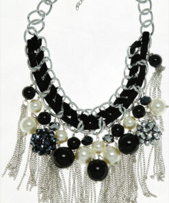 Sistaco Black Beads And Pearl Silver Necklace