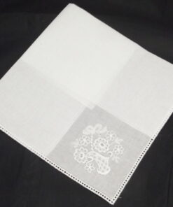 Embroidered Basket Of Flowers White 100% Cotton Bridal Wedding Handkerchief