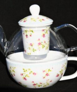 Cavalier Porcelain Tea Rose Buds Cup and Infuser With Glass Teapot
