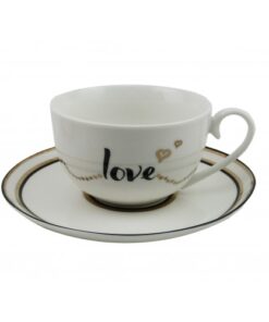 White With Gold Trimmings Love Tea Coffee Ceramic Cup And Saucer