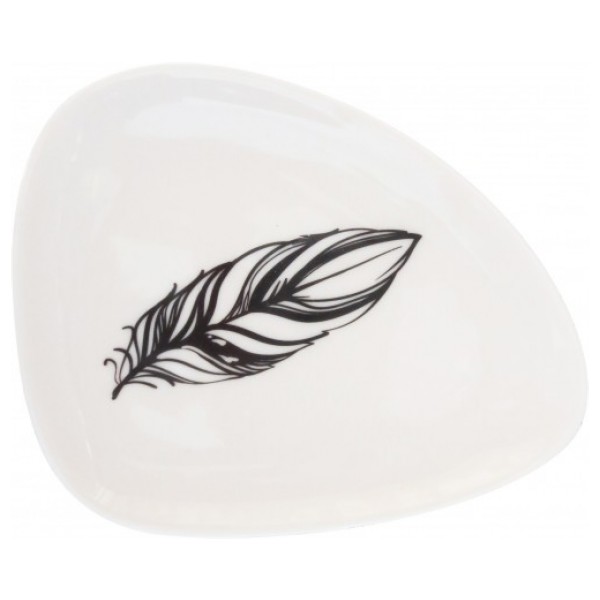 White Trinket Dish With Black Feather