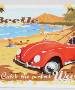 Licenced VW Red Beetle Catch The Perfect Wave Metal Postcard