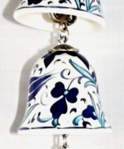 Turkish Handmade Hand Painted Triple Hanging Ceramic Bells Ornament - Blue Tulips