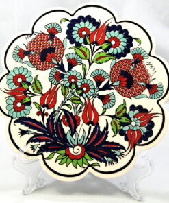 Ceramic Handmade Hand Painted Scalloped Turkish Trivet - Flowers And Tulips