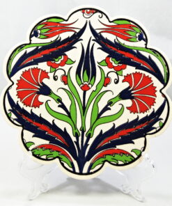 Ceramic Handmade Hand Painted Scalloped Turkish Trivet - Blue Tulip and Red Carnations