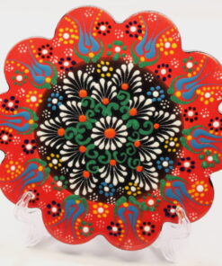 Turkish Handmade & Hand Painted Scalloped Ceramic Trivet - Red Boarder