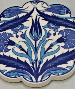 Ceramic Turkish Scalloped Handmade Hand Painted Coaster With Blue Tulip