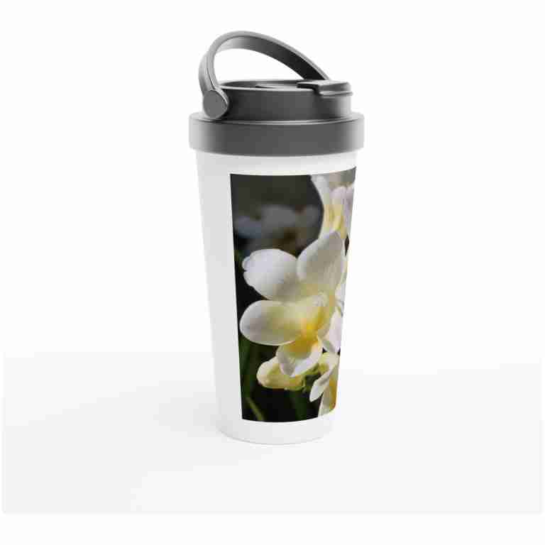 Beautiful White Freesias Flowering In Spring White 15oz (443ml) Stainless Steel Travel Mug