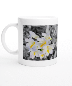 White Freesia On A Black And White BackgroundWhite 11oz (325mls) Ceramic Mug