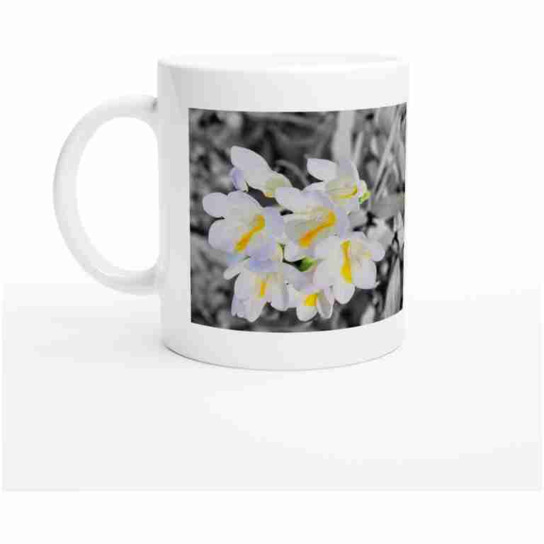 White Freesia On A Black And White BackgroundWhite 11oz (325mls) Ceramic Mug