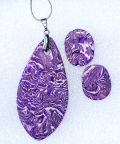 Polymer Clay Mokume Gane Purple, White Pendant Stud Earring Set