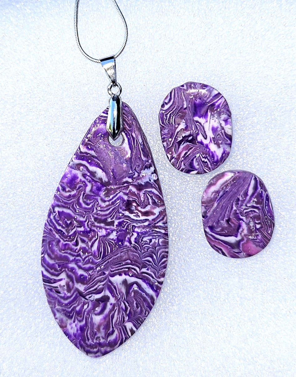 Polymer Clay Mokume Gane Purple, White Pendant Stud Earring Set