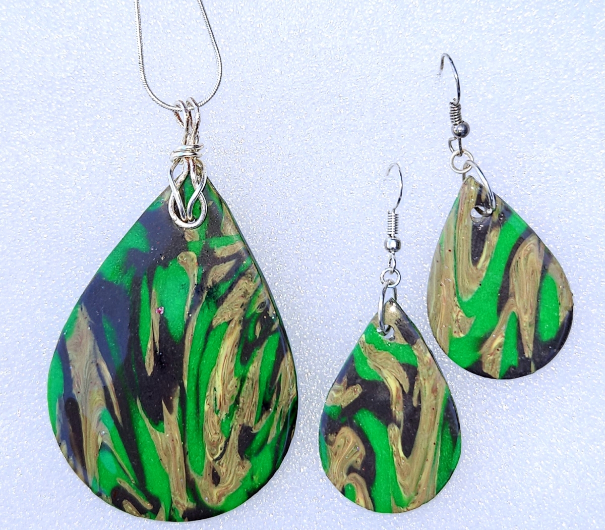 Polymer Clay Mokume Gane Green, Kharki, Dark Grey Pendant Earring Set
