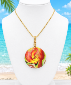 Polymer Clay Lentil Swirl Green Brown Yellow Pendant