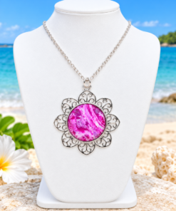 Polymer Clay Mokume Gane Pink, White On Silver Bezel Pendant