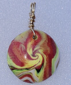 Polymer Clay Lentil Swirl Green Brown Yellow Pendant