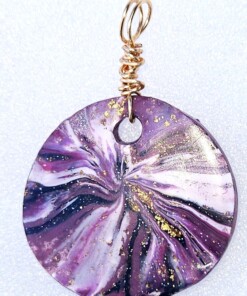 Alternative view of Polymer Clay Lentil Swirl Purple White Gold Pendant