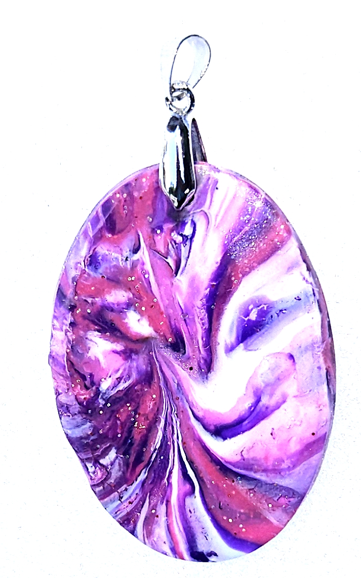 Polymer Clay Lentil Swirl Purple White Pink Pendant - Image 2
