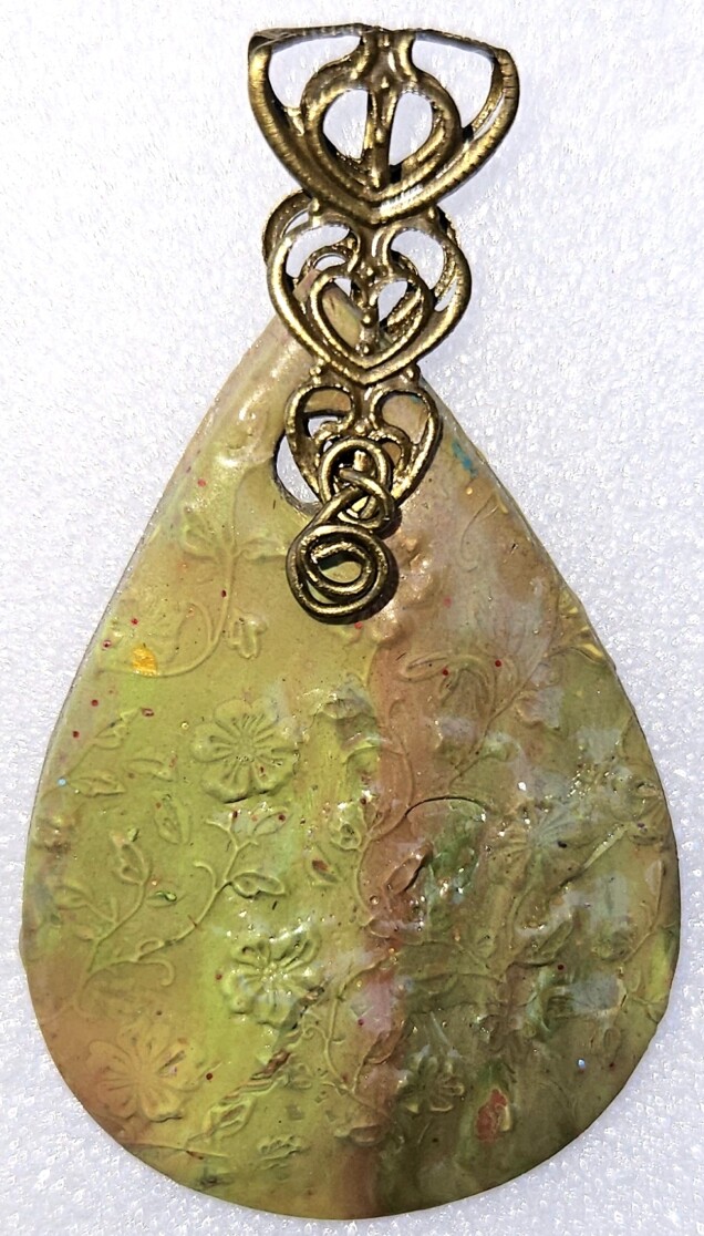 Polymer Clay Mokume Gane Green Pendant With Texture