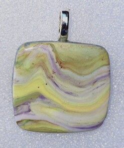 Polymer Clay Mokume Gane Green Purple Yellow Pendant
