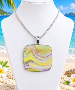 Polymer Clay Mokume Gane Green Purple Yellow Pendant