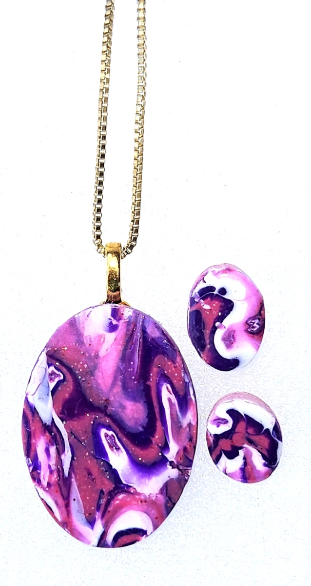 Polymer Clay Mokume Gane Purple, Pink, White Pendant Earring Stud Set #2