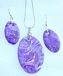 Polymer Clay Mokume Gane Purple, White Pendant Earring Set