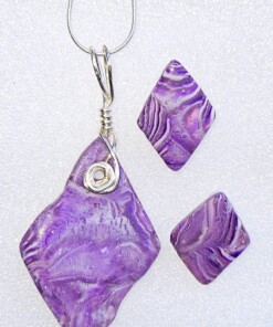 Polymer Clay Mokume Gane Purple White Diamond Shape Pendant