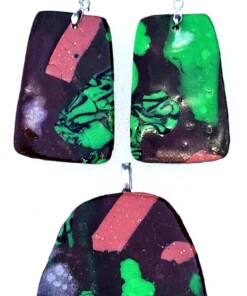 Polymer Clay Mokume Gane Green Brown Black Pendant Earring Set