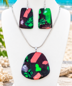 Polymer Clay Mokume Gane Green Brown Black Pendant Earring Set