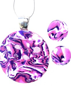 Polymer Clay Mokume Gane Purple, White Pink Round Pendant Stud Earring Set