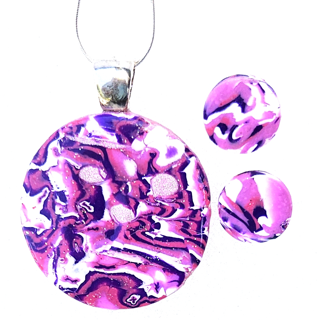 Polymer Clay Mokume Gane Purple, White Pink Round Pendant Stud Earring Set