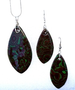 Polymer Clay Mokume Gane Brown And Green Pendant Earring Set