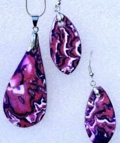 Polymer Clay Mokume Gane Purple, Pink, White Pendant Earring Set
