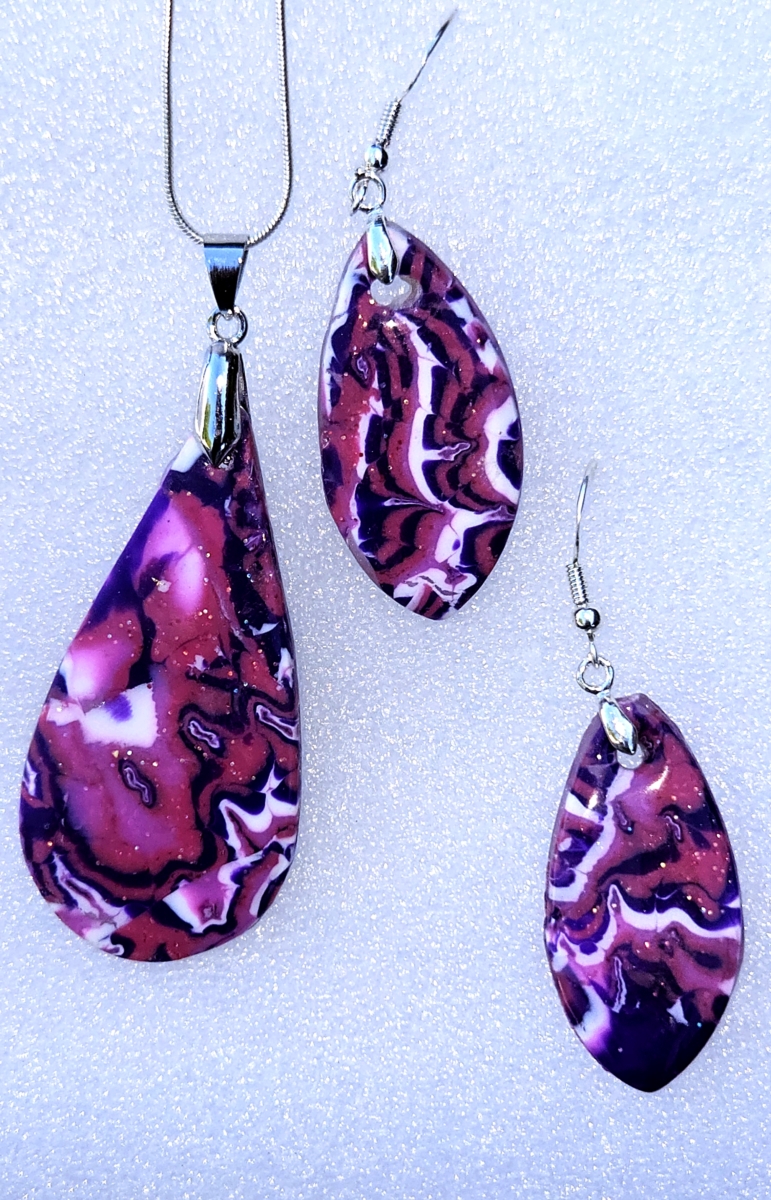Polymer Clay Mokume Gane Purple, Pink, White Pendant Earring Set