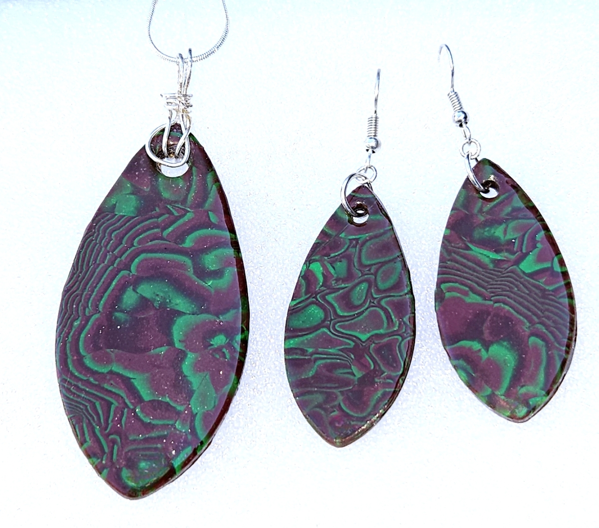 Polymer Clay Mokume Gane Brown And Green Pendant Earring Set #2
