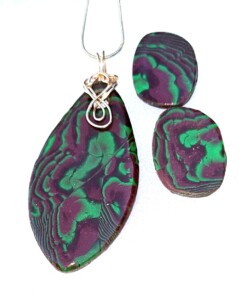 Polymer Clay Mokume Gane Brown and Green Pendant Stud Earring Set