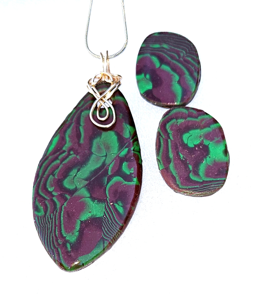 Polymer Clay Mokume Gane Brown and Green Pendant Stud Earring Set